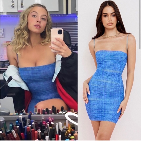 House of CB ‘Ella’ Sky Blue Organza Ruched Mesh Mini Dress ASO Euphoria NWOT - Picture 3 of 10